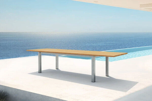 OUTFLEXX Ausziehtisch, FSC-Teakholz/Edelstahl, Plattenstärke 30mm, 220/340x100cm 3 OUTFLEXX Ausziehtisch, FSC-Teakholz/Edelstahl, Plattenstärke 30mm, 220/340x100cm