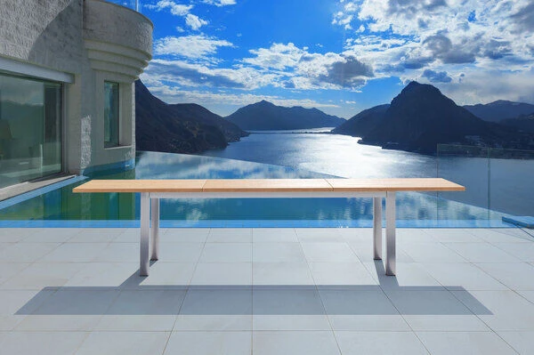 OUTFLEXX Ausziehtisch, FSC-Teakholz/Edelstahl, Plattenstärke 30mm, 220/340x100cm 4 OUTFLEXX Ausziehtisch, FSC-Teakholz/Edelstahl, Plattenstärke 30mm, 220/340x100cm – Bild 2