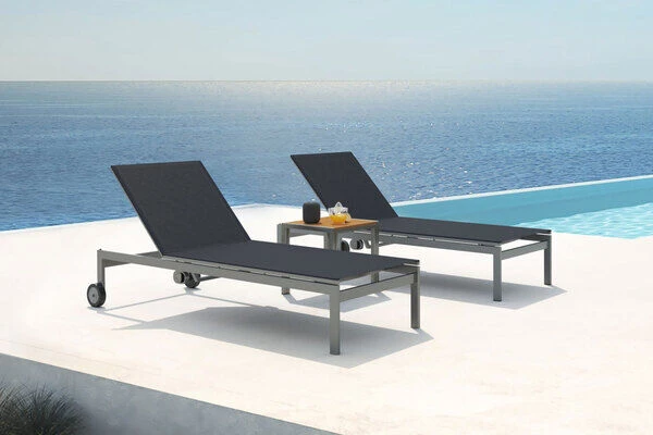 OUTFLEXX 2er-Set Rollliege, Schwarz, Edelstahl/Teak, 212x71x36cm, Mit Beistelltisch 45x45cm 3 OUTFLEXX 2er-Set Rollliege, Schwarz, Edelstahl/Teak, 212x71x36cm, Mit Beistelltisch 45x45cm
