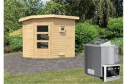 KARIBU Saunahaus Mikka, Fichtenholz 38mm, Eckeinstieg, Ca. 4,4m²