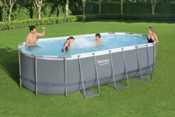 BESTWAY Power Steel Pool Komplett-Set, Grau, TriTech, 549x274x122cm, Oval, Mit Filterpumpe, Leiter, Abdeckplane