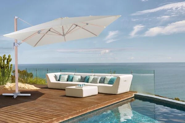 OUTFLEXX Ampelschirm, Creme, Aluminium In Holzoptik, 400x300cm, Inkl. Plattenständer 4 OUTFLEXX Ampelschirm, Creme, Aluminium In Holzoptik, 400x300cm, Inkl. Plattenständer – Bild 2