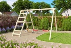 KARIBU Felix Doppelschaukel, Naturbelassen, Nordische Fichte, 308x264x213cm, Mit Klettergerüst Und Netzrampe