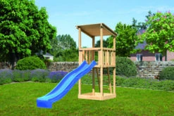 KARIBU Anna Spielturm, Naturbelassen, Nordische Fichte, 107x107x270cm, Mit Rutsche Blau
