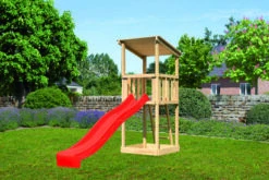 KARIBU Anna Spielturm, Naturbelassen, Nordische Fichte, 107x107x270cm, Mit Rutsche Rot