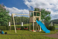 KARIBU Anna Turm, Naturbelassen, Nordische Fichte, 347x264x270cm, Mit Rutsche Blau Und Doppelschaukel