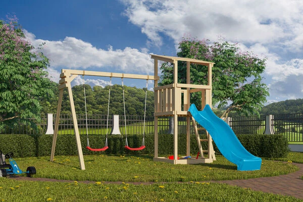 KARIBU Anna Turm, Naturbelassen, Nordische Fichte, 347x264x270cm, Mit Rutsche Blau Und Doppelschaukel 3 KARIBU Anna Turm, Naturbelassen, Nordische Fichte, 347x264x270cm, Mit Rutsche Blau Und Doppelschaukel