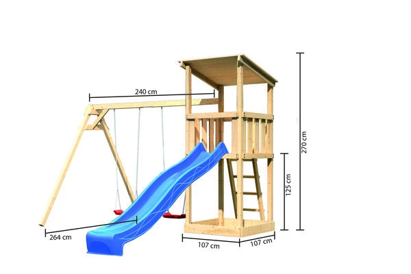 KARIBU Anna Turm, Naturbelassen, Nordische Fichte, 347x264x270cm, Mit Rutsche Blau Und Doppelschaukel 7 KARIBU Anna Turm, Naturbelassen, Nordische Fichte, 347x264x270cm, Mit Rutsche Blau Und Doppelschaukel – Bild 5