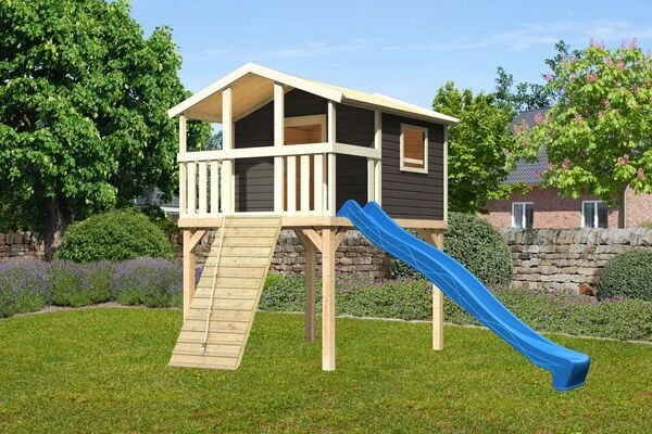 KARIBU Benjamin Stelzenhaus, Terragrau, Nordische Fichte, 198x244x309cm, Mit Rutsche Blau Und Holzrampe 3 KARIBU Benjamin Stelzenhaus, Terragrau, Nordische Fichte, 198x244x309cm, Mit Rutsche Blau Und Holzrampe