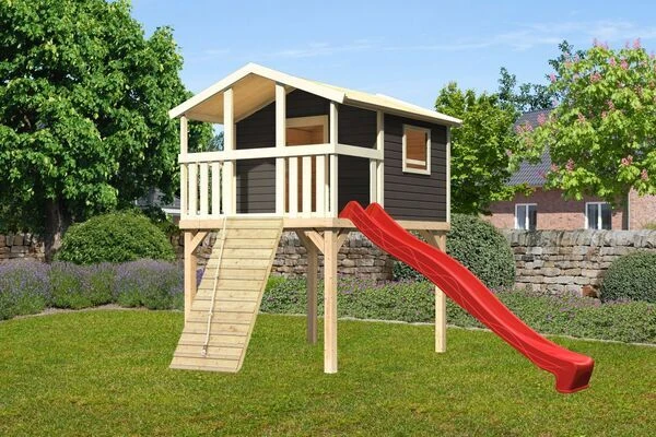 KARIBU Benjamin Stelzenhaus, Terragrau, Nordische Fichte, 198x244x309cm, Mit Rutsche Rot Und Holzrampe 3 KARIBU Benjamin Stelzenhaus, Terragrau, Nordische Fichte, 198x244x309cm, Mit Rutsche Rot Und Holzrampe