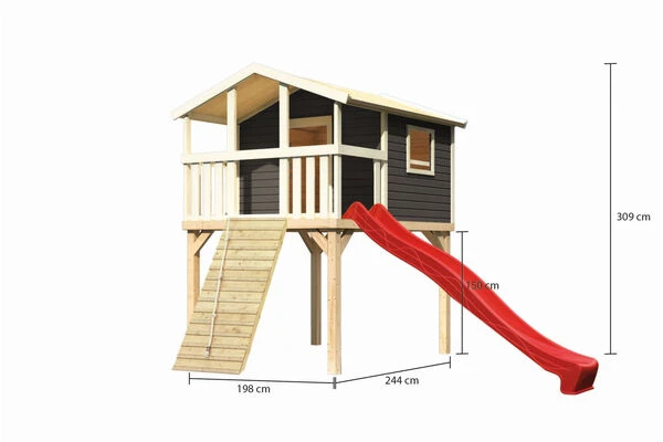 KARIBU Benjamin Stelzenhaus, Terragrau, Nordische Fichte, 198x244x309cm, Mit Rutsche Rot Und Holzrampe 7 KARIBU Benjamin Stelzenhaus, Terragrau, Nordische Fichte, 198x244x309cm, Mit Rutsche Rot Und Holzrampe – Bild 5