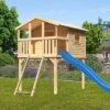 KARIBU Benjamin Stelzenhaus, Naturbelassen, Nordische Fichte, 198x244x309cm, Mit Rutsche Blau Und Netzrampe