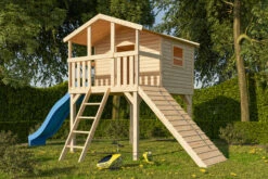 KARIBU Benjamin Stelzenhaus, Naturbelassen, Nordische Fichte, 198x244x309cm, Mit Rutsche Blau Und Holzrampe