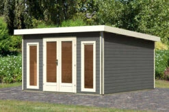 KARIBU Gartenhaus Radeburg 3, Terragrau, Fichtenholz 40mm, 406 X 369 X 229,5 Cm, Pultdach, Inkl. 2 Drehkippfenster