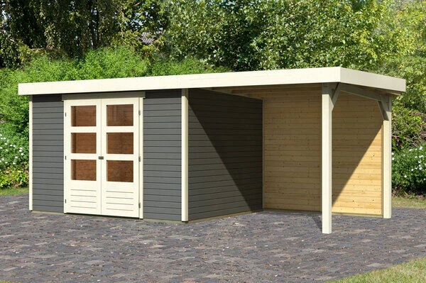 KARIBU Gartenhaus Askola 5, Terragrau, Fichtenholz 19mm, 554 X 246 X 211 Cm, Flachdach, Anbau 2,4m Mit Rückwand 3 KARIBU Gartenhaus Askola 5, Terragrau, Fichtenholz 19mm, 554 X 246 X 211 Cm, Flachdach, Anbau 2,4m Mit Rückwand