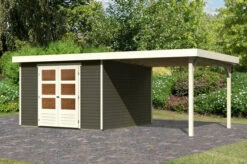 KARIBU Gartenhaus Askola 6, Terragrau, Fichtenholz 19mm, 591,5 X 306 X 216 Cm, Flachdach, Seitlicher Anbau 2,8m