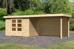 KARIBU Gartenhaus Askola 4, Naturbelassen, Fichtenholz 19mm, 591,5 X 217 X 211 Cm, Flachdach, Seitlicher Anbau 2,8m Mit Rückwand