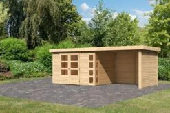 KARIBU Gartenhaus Kerko5 , Naturbelassen, Fichtenholz 19mm, 591,5 X 246 X 210 Cm, Flachdach, Anbau 2,8m Mit Rück- Und Seitenwand