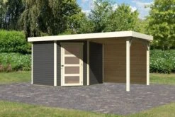 KARIBU Gartenhaus Schwandorf 5, Terragrau, Fichtenholz 19mm, 493 X 246 X 218 Cm, Flachdach, Anbau 2,4m Mit Rückwand