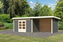 KARIBU Gartenhaus Kandern7 , Terragrau, Fichtenholz 28mm, 702 X 244 X 222 Cm, Pultdach, Anbau 3,2m Mit Rück- Und Seitenwand