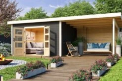 KARIBU Gartenhaus Northeim 4, Terragrau, Fichtenholz 40mm, 724 X 309 X 229 Cm, Pultdach, Anbau 3m Mit Rückwand