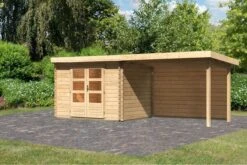 KARIBU Gartenhaus Bastrup 3, Naturbelassen, Fichtenholz 28mm, 641 X 237 X 220 Cm, Pultdach, Anbau 3m Mit Rückwand