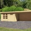 KARIBU Gartenhaus Bastrup 8, Naturbelassen, Fichtenholz 28mm, 804,5 X 297 X 222 Cm, Pultdach, Anbau 4m Mit Rück- Und Seitenwand