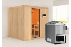 KARIBU Sodin Sauna , Naturbelassen, Fichte, 196x170x198 Cm, Fronteinstieg, BronzierteTür, Ofen 4,5 KW Bio Ext. Strg.