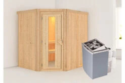 KARIBU Siirin Sauna , Naturbelassen, Fichte, 196x170x198 Cm, Eckeinstieg, Energiespartür, Ofen 4,5 KW Integr. Str.