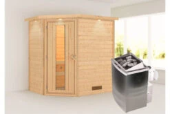 KARIBU Svea Sauna , Naturbelassen, Fichte, 224x160x202 Cm, Energiespartür U. Kranz,Ofen 4,5 KW Integr. Strg.