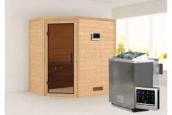 KARIBU Svea Sauna , Naturbelassen, Fichte, 196x146x198 Cm, Graphitfarbene Tür, Ofen 4,5 KW Bio Ext. Strg.