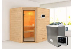 KARIBU Mia Sauna , Naturbelassen, Fichte, 196x170x198 Cm, BronzierteTür, Ofen 4,5 KW Ext. Strg. Easy