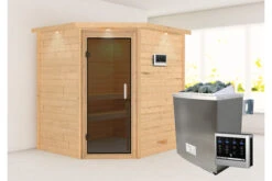 KARIBU Mia Sauna , Naturbelassen, Fichte, 224x184x202 Cm, Graphitfarbene Tür U.Kranz, Ofen 4,5 KW Bio Ext. Strg. Easy