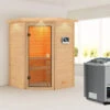 KARIBU Antonia Sauna , Naturbelassen, Fichte, 173x159x191 Cm, Kranz SET, Ofen 4,5 KW Bio Ext. Strg. Easy