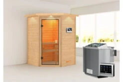 KARIBU Antonia Sauna , Naturbelassen, Fichte, 173x159x191 Cm, Kranz SET, Ofen 4,5 KW Bio Ext. Strg. Easy