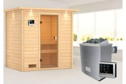 KARIBU Selena Sauna , Naturbelassen, Fichte, 223x159x191 Cm, Kranz SET, Ofen 4,5 KW Ext. Strg. Easy