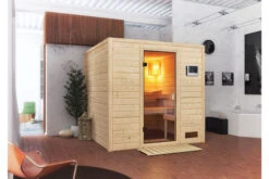 KARIBU Jara Sauna , Naturbelassen, Fichte, 195x195x187 Cm,SETOfen 4,5 KW Bio Ext. Strg. Easy