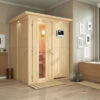 KARIBU Norin Sauna, Naturbelassen, Fichte, 165 X 165 X 202 Cm, Fronteinstieg, Energiespartür Und Kranz SET Mit Ofen 4,5 KW Bio Ext. Strg.