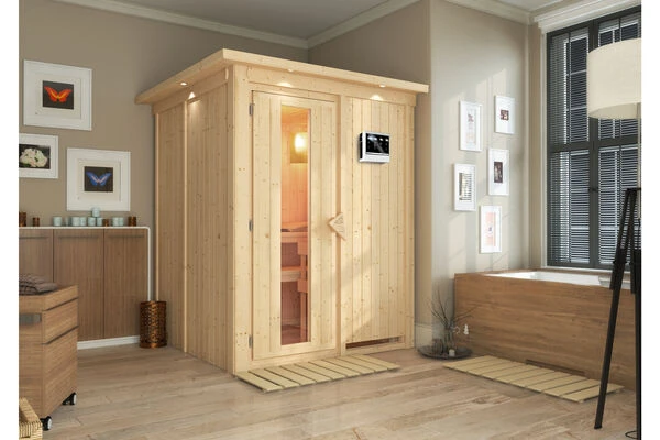 KARIBU Norin Sauna, Naturbelassen, Fichte, 165 X 165 X 202 Cm, Fronteinstieg, Energiespartür Und Kranz SET Mit Ofen 4,5 KW Bio Ext. Strg. 3 KARIBU Norin Sauna, Naturbelassen, Fichte, 165 X 165 X 202 Cm, Fronteinstieg, Energiespartür Und Kranz SET Mit Ofen 4,5 KW Bio Ext. Strg.