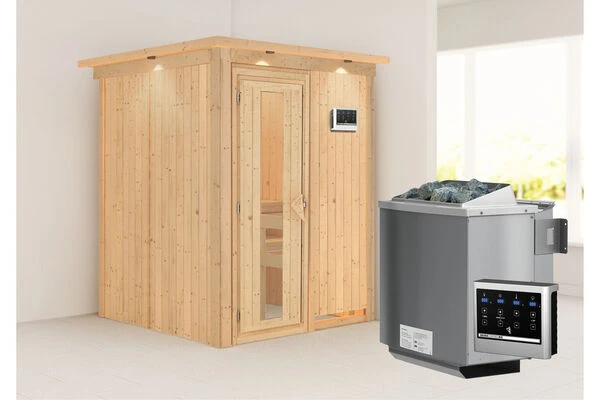KARIBU Norin Sauna, Naturbelassen, Fichte, 165 X 165 X 202 Cm, Fronteinstieg, Energiespartür Und Kranz SET Mit Ofen 4,5 KW Bio Ext. Strg. 4 KARIBU Norin Sauna, Naturbelassen, Fichte, 165 X 165 X 202 Cm, Fronteinstieg, Energiespartür Und Kranz SET Mit Ofen 4,5 KW Bio Ext. Strg. – Bild 2