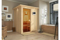 KARIBU Norin Sauna, Naturbelassen, Fichte, 165 X 165 X 202 Cm, Fronteinstieg, Mit Bronzierter Tür Und Kranz, SET Mit Ofen 4,5 KW Ext. Strg. Easy