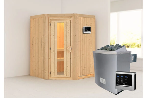 KARIBU Larin Sauna, Naturbelassen, Fichte, 151 X 151 X 198 Cm, Eckeinstieg, Mit Energiespartür, SET Mit Ofen 4,5 KW Ext. Strg. Easy 3 KARIBU Larin Sauna, Naturbelassen, Fichte, 151 X 151 X 198 Cm, Eckeinstieg, Mit Energiespartür, SET Mit Ofen 4,5 KW Ext. Strg. Easy