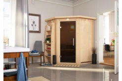 KARIBU Larin Sauna, Naturbelassen, Fichte, 165 X 165 X 202 Cm, Eckeinstieg,mit Graphitfarbener Tür Und Kranz, SET Mit Ofen 4,5 KW Integr. Str.