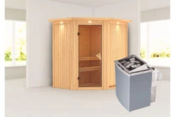 KARIBU Taurin Sauna, Naturbelassen, Fichte, 184 X 165 X 202 Cm, Eckeinstieg, Mit Bronzierter Tür Und Kranz, SET Mit Ofen 4,5 KW Integr. Str.