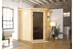 KARIBU Taurin Sauna, Naturbelassen, Fichte, 184 X 165 X 202 Cm, Eckeinstieg, Graphitfarbener Tür Und Kranz SET, Mit Ofen 4,5 KW Ext. Strg. Easy