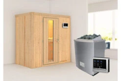 KARIBU Variado Sauna, Naturbelassen, Fichte, 196 X 118 X 198 Cm, Fronteinstieg, Mit Energiespartür, SET Mit Ofen 4,5 KW Ext. Strg. Easy