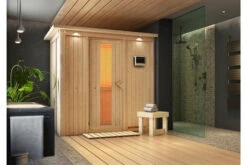 KARIBU Variado Sauna, Naturbelassen, Fichte, 210 X 132 X 202 Cm, Fronteinstieg, Mit Energiespartür, SET Mit Ofen 4,5 KW Bio Ext. Strg.