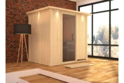 KARIBU Bodin Sauna, Naturbelassen, Fichte, 210 X 165 X 202 Cm, Fronteinstieg,mit Graphitfarbener Tür Und Kranz SETmit Ofen 4,5 KW Integr. Str.