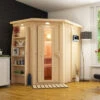 KARIBU Carin Sauna, Naturbelassen, Fichte, 210 X 165 X 202 Cm, Eckeinstieg,mit Energiespartür Und Kranz SETmit Ofen 4,5 KW Bio Ext. Strg.