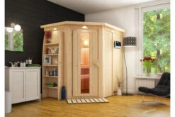 KARIBU Carin Sauna, Naturbelassen, Fichte, 210 X 165 X 202 Cm, Eckeinstieg,mit Energiespartür Und Kranz SETmit Ofen 4,5 KW Bio Ext. Strg.